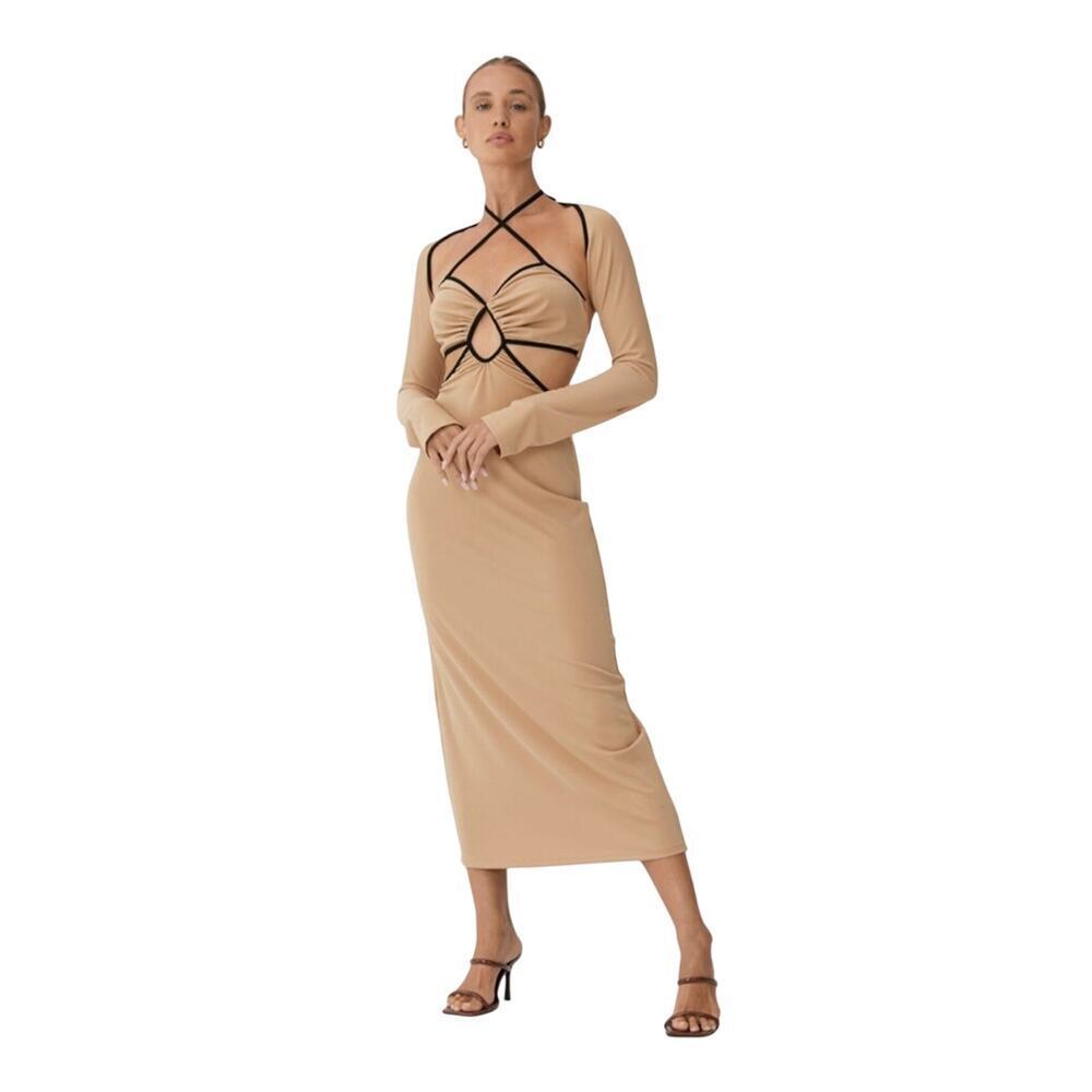 Finders Keepers Eloise Cutout Midi Dress Tan Black Trim Size M NWT